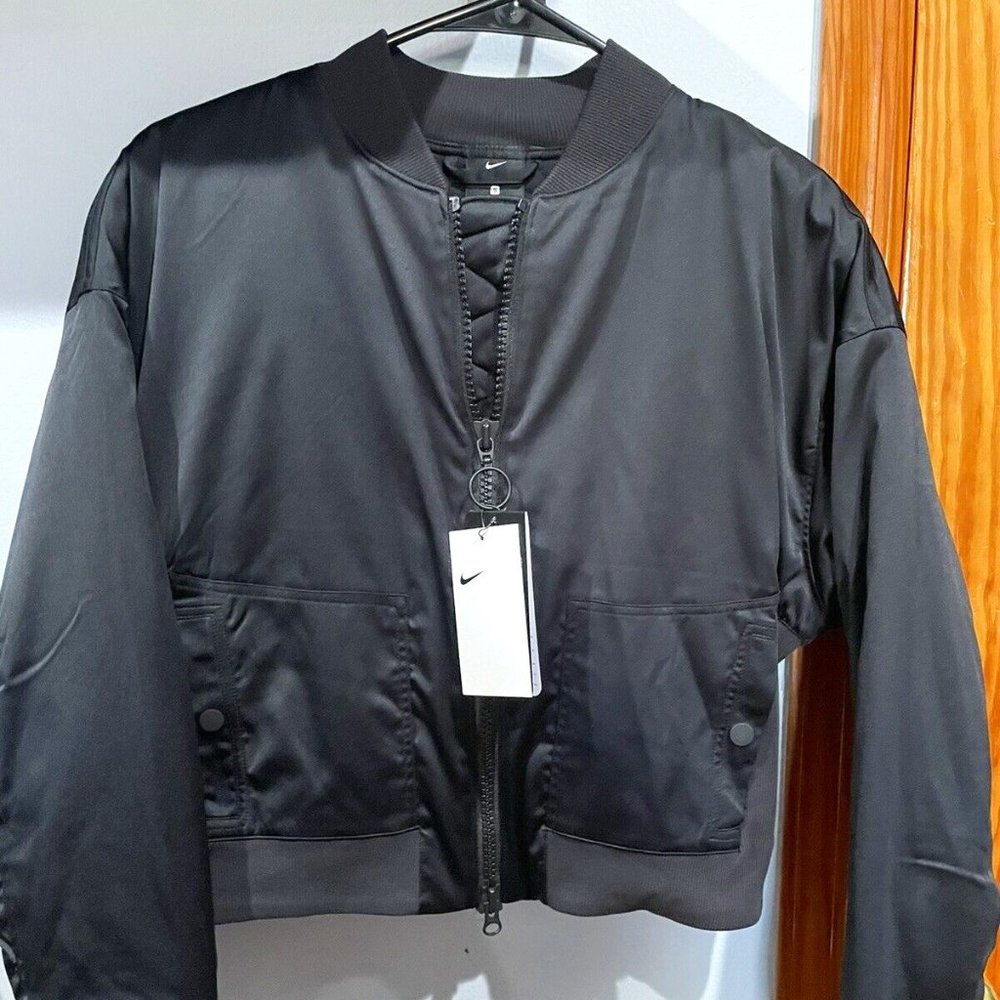 Nike Sportswear Womens Size Small Satin Cropped Bomber Jacket Black MSRP$180